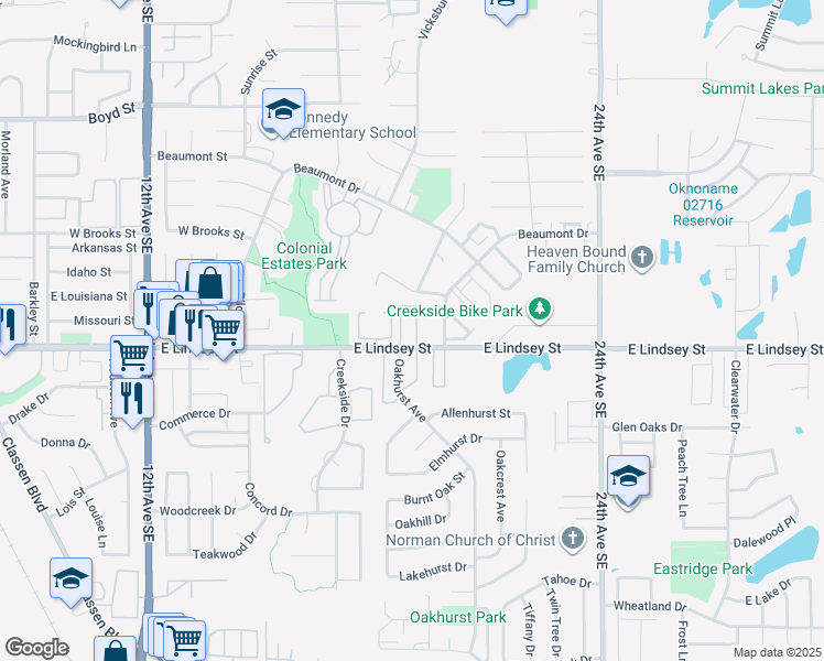 map of restaurants, bars, coffee shops, grocery stores, and more near 1901 East Lindsey Street in Norman