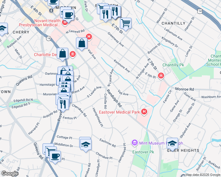 map of restaurants, bars, coffee shops, grocery stores, and more near 100 North Laurel Avenue in Charlotte