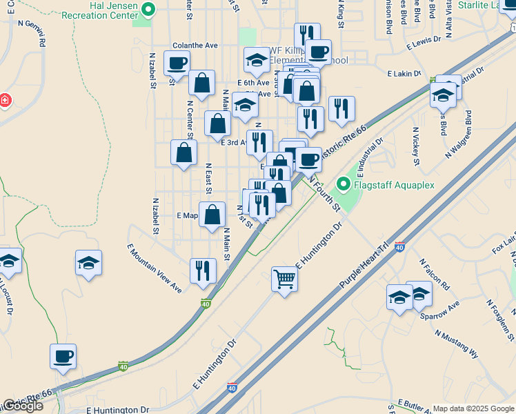 map of restaurants, bars, coffee shops, grocery stores, and more near 2229 East Spruce Avenue in Flagstaff