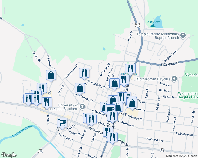 map of restaurants, bars, coffee shops, grocery stores, and more near 406 Spotwood Street in Pulaski