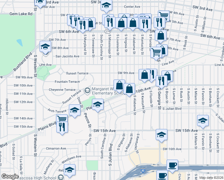 map of restaurants, bars, coffee shops, grocery stores, and more near 3200 Southwest 10th Avenue in Amarillo