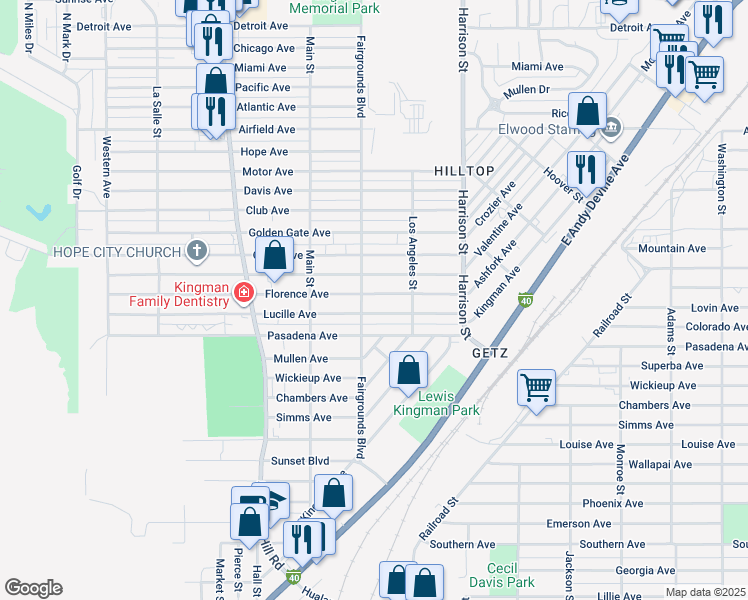 map of restaurants, bars, coffee shops, grocery stores, and more near 2116 Robinson Avenue in Kingman