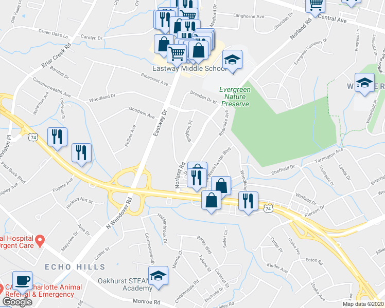 map of restaurants, bars, coffee shops, grocery stores, and more near 1052 Norland Road in Charlotte