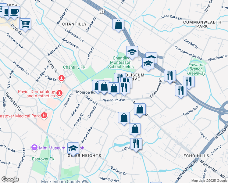 map of restaurants, bars, coffee shops, grocery stores, and more near 523 Colonnade Drive in Charlotte