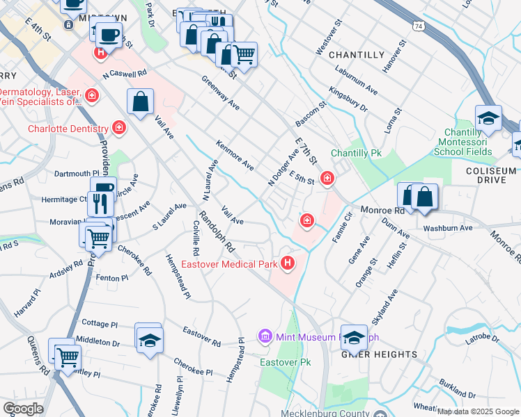 map of restaurants, bars, coffee shops, grocery stores, and more near 2512 Kenmore Avenue in Charlotte