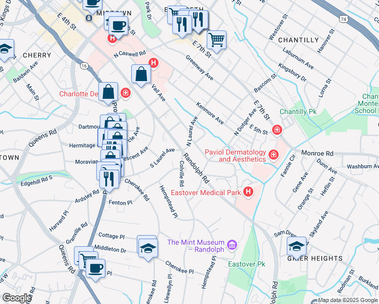 map of restaurants, bars, coffee shops, grocery stores, and more near 2333 Randolph Road in Charlotte