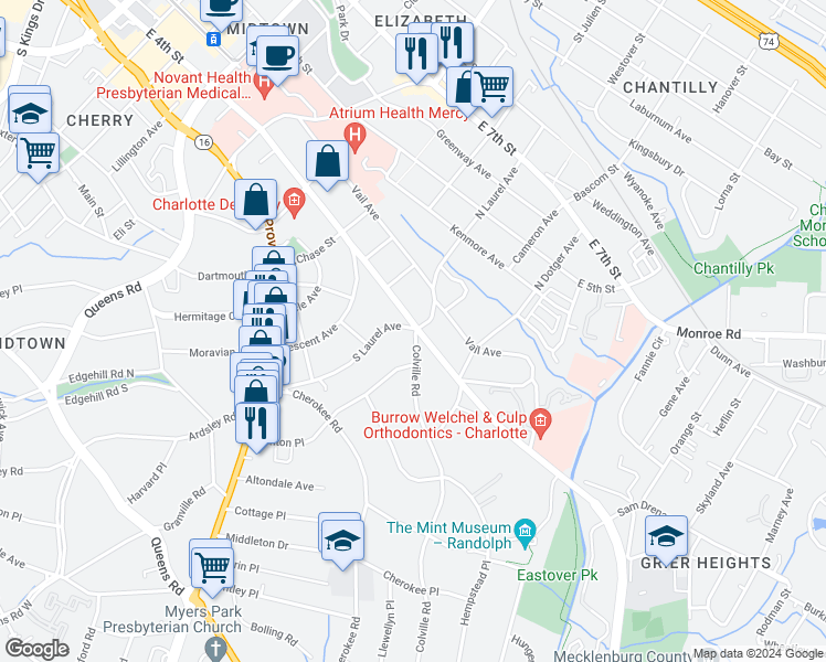 map of restaurants, bars, coffee shops, grocery stores, and more near 2333 Randolph Road in Charlotte