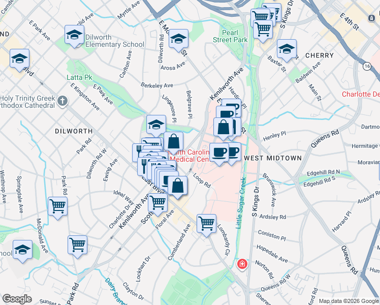 map of restaurants, bars, coffee shops, grocery stores, and more near in Charlotte