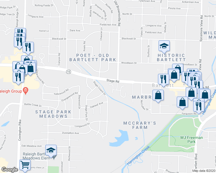 map of restaurants, bars, coffee shops, grocery stores, and more near 2900 Copper Ridge Cove North in Memphis