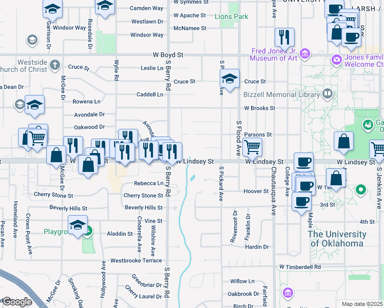 map of restaurants, bars, coffee shops, grocery stores, and more near 1029 Madison Street in Norman