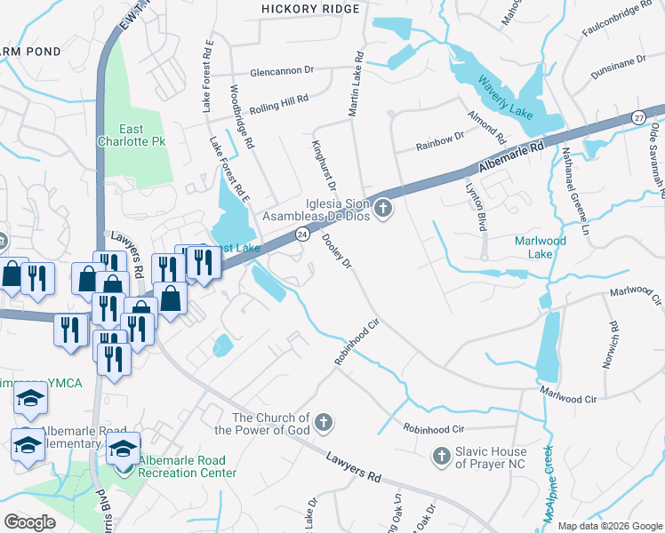 map of restaurants, bars, coffee shops, grocery stores, and more near 1008 Dooley Drive in Charlotte
