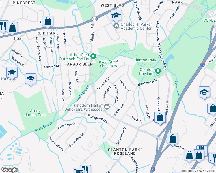 map of restaurants, bars, coffee shops, grocery stores, and more near 3526 Seaman Drive in Charlotte