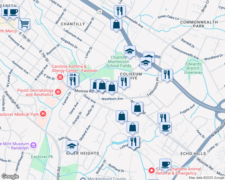 map of restaurants, bars, coffee shops, grocery stores, and more near 3111 Monroe Road in Charlotte