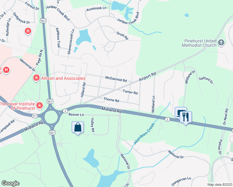 map of restaurants, bars, coffee shops, grocery stores, and more near 187 Turner Road in Pinehurst