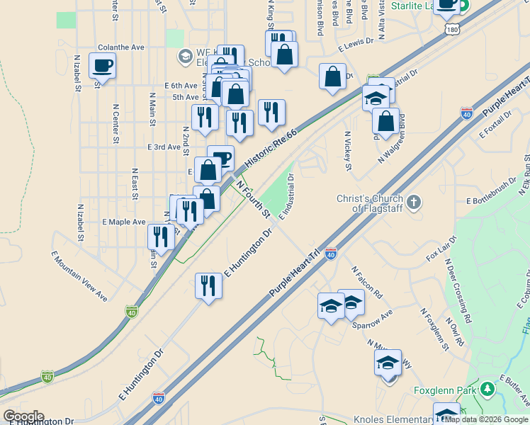 map of restaurants, bars, coffee shops, grocery stores, and more near Fourth Street in Flagstaff