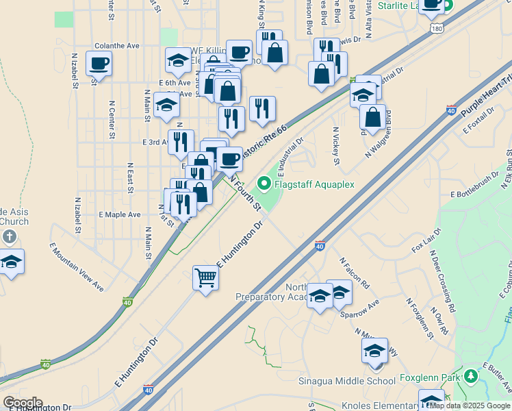 map of restaurants, bars, coffee shops, grocery stores, and more near 147 North Fourth Street in Flagstaff