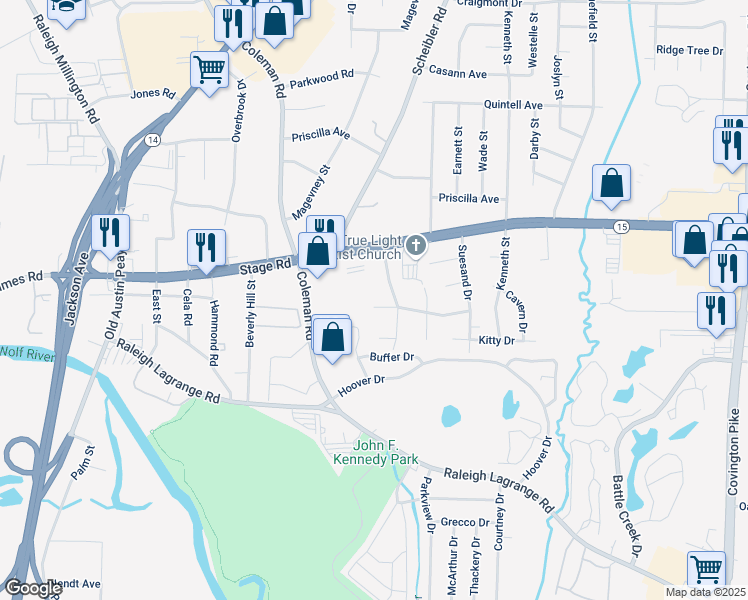 map of restaurants, bars, coffee shops, grocery stores, and more near 4578 Kitty Drive in Memphis