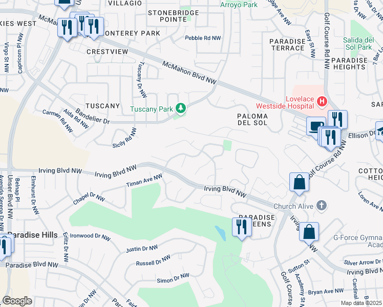 map of restaurants, bars, coffee shops, grocery stores, and more near 5001 Rio Las Vacas Place Northwest in Albuquerque