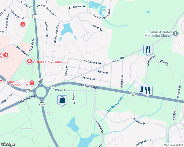 map of restaurants, bars, coffee shops, grocery stores, and more near 187 Turner Road in Pinehurst