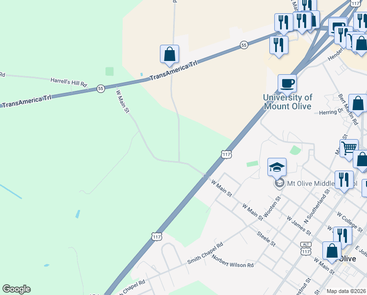 map of restaurants, bars, coffee shops, grocery stores, and more near 1667 Country Club Road in Mount Olive