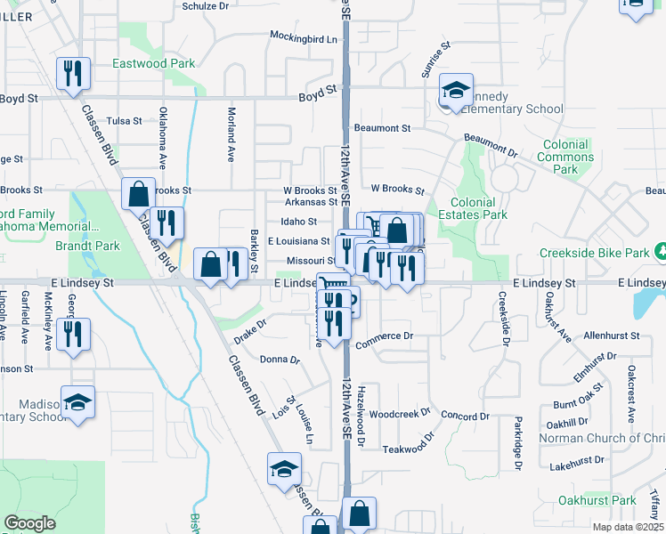 map of restaurants, bars, coffee shops, grocery stores, and more near 1113 Missouri Street in Norman
