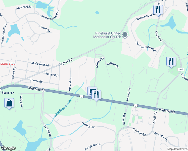 map of restaurants, bars, coffee shops, grocery stores, and more near 530 Midland Drive in Pinehurst
