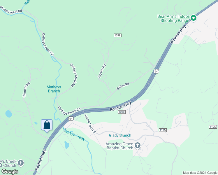 map of restaurants, bars, coffee shops, grocery stores, and more near 102 Bryson Road in Brevard