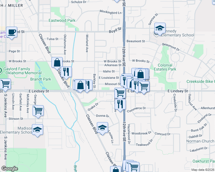 map of restaurants, bars, coffee shops, grocery stores, and more near 1017 Missouri Street in Norman