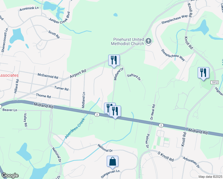 map of restaurants, bars, coffee shops, grocery stores, and more near 530 Midland Drive in Pinehurst