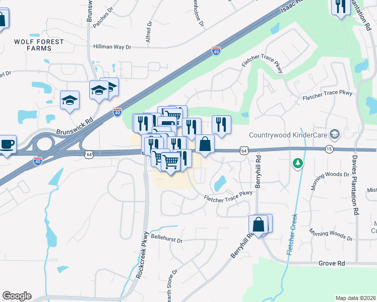 map of restaurants, bars, coffee shops, grocery stores, and more near U.S. 64 & Fletcher Trace Pkwy in Memphis