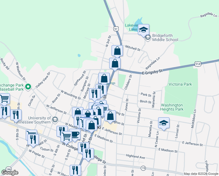 map of restaurants, bars, coffee shops, grocery stores, and more near 601 North 1st Street in Pulaski