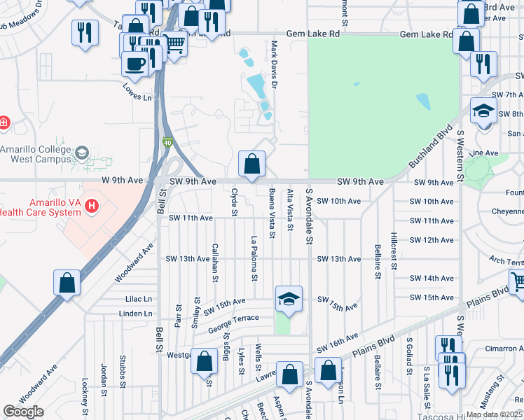 map of restaurants, bars, coffee shops, grocery stores, and more near 940 Buena Vista Street in Amarillo