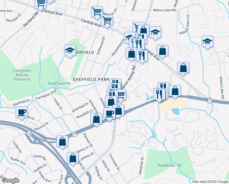 map of restaurants, bars, coffee shops, grocery stores, and more near 3421 North Sharon Amity Road in Charlotte