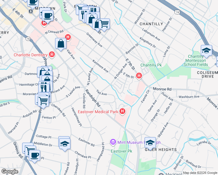 map of restaurants, bars, coffee shops, grocery stores, and more near 231 North Dotger Avenue in Charlotte