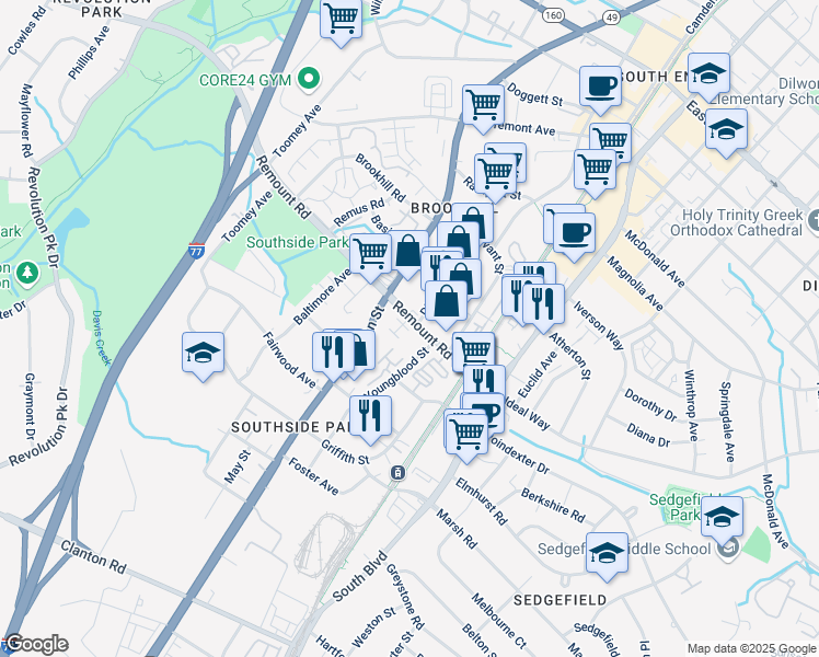 map of restaurants, bars, coffee shops, grocery stores, and more near 2527 Distribution Street in Charlotte