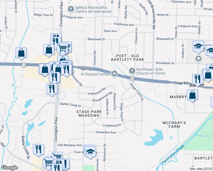 map of restaurants, bars, coffee shops, grocery stores, and more near 5288 Yellowood Road in Memphis