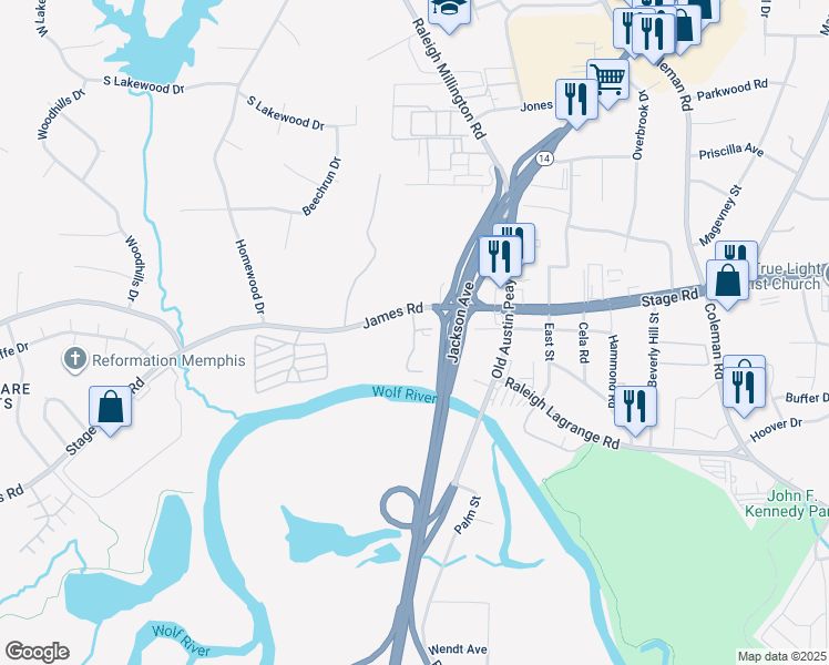 map of restaurants, bars, coffee shops, grocery stores, and more near 4161 James Road in Memphis