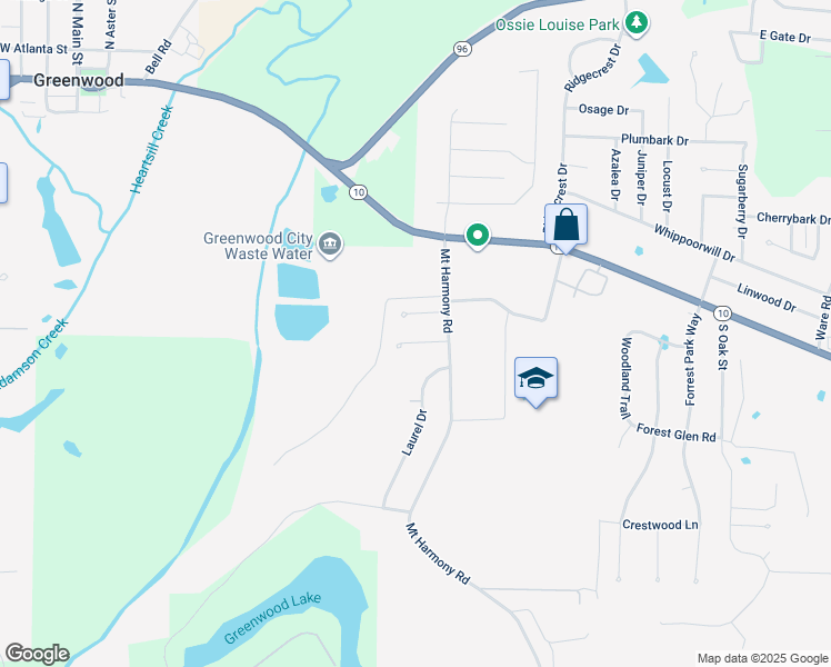 map of restaurants, bars, coffee shops, grocery stores, and more near 1095 Farley Circle in Greenwood