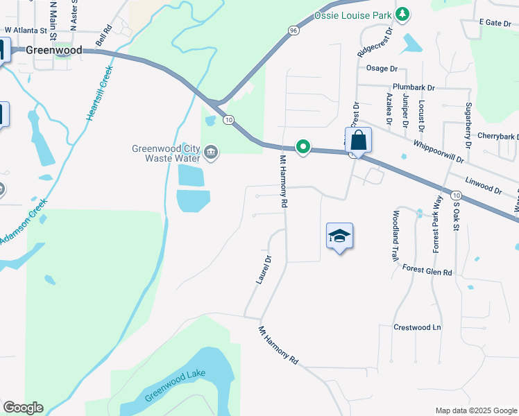 map of restaurants, bars, coffee shops, grocery stores, and more near 1095 Farley Circle in Greenwood