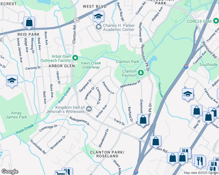 map of restaurants, bars, coffee shops, grocery stores, and more near 3131 Barfield Drive in Charlotte