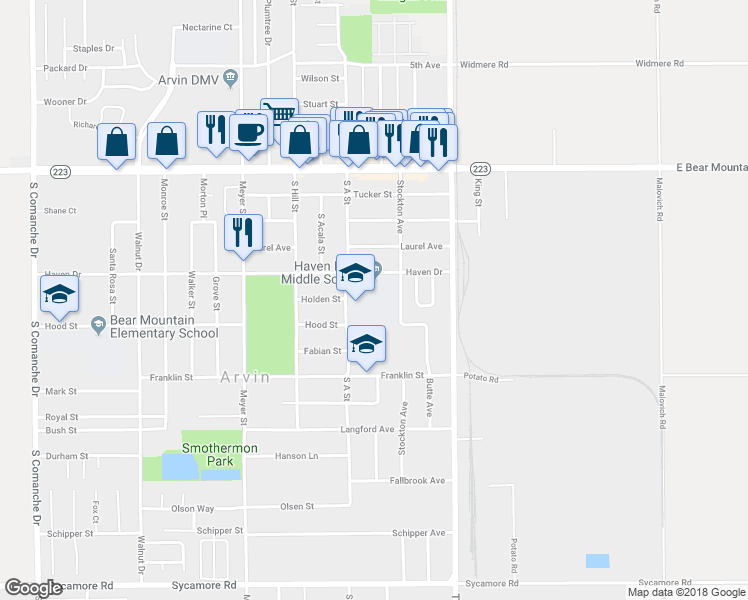 map of restaurants, bars, coffee shops, grocery stores, and more near 341 Haven Drive in Arvin