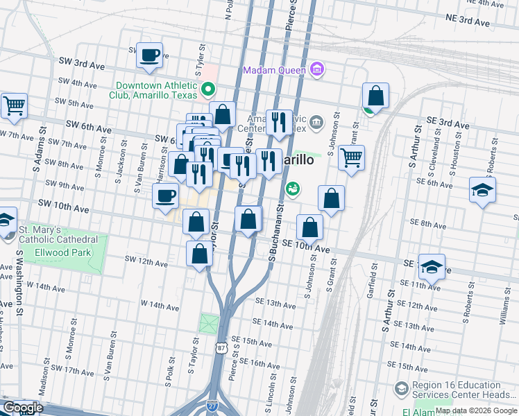 map of restaurants, bars, coffee shops, grocery stores, and more near 800 South Pierce Street in Amarillo