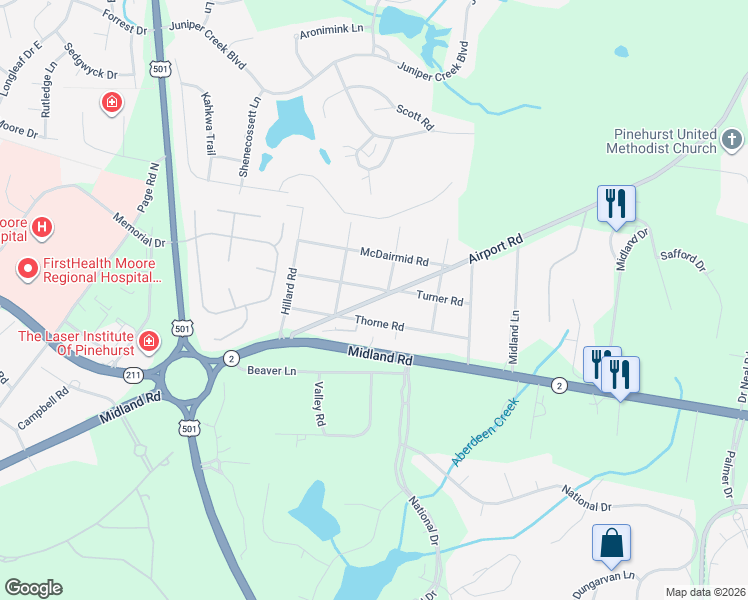 map of restaurants, bars, coffee shops, grocery stores, and more near 4604 Airport Road in Pinehurst