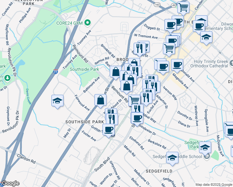 map of restaurants, bars, coffee shops, grocery stores, and more near 2527 Distribution Street in Charlotte