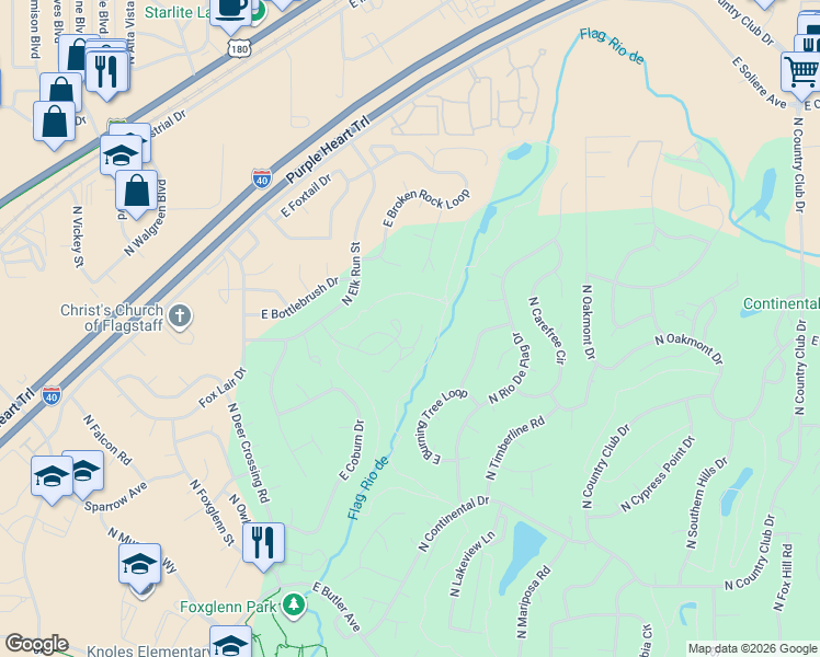 map of restaurants, bars, coffee shops, grocery stores, and more near 2490 North Earle Drive in Flagstaff