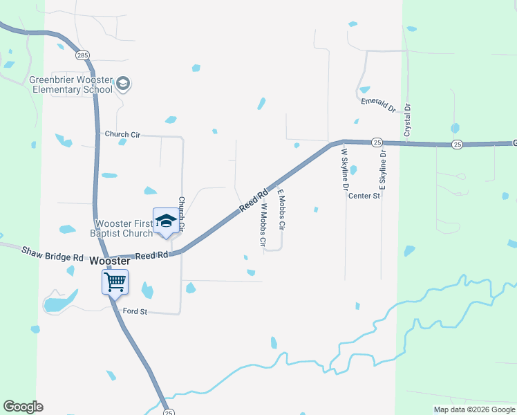 map of restaurants, bars, coffee shops, grocery stores, and more near 1 West Mobbs Circle in Greenbrier