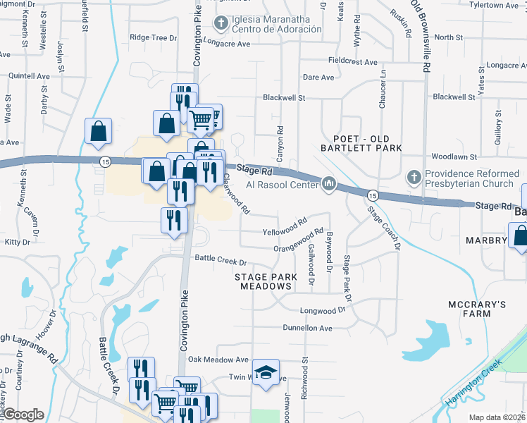 map of restaurants, bars, coffee shops, grocery stores, and more near 2884 Clearwood Road in Memphis