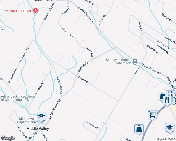 map of restaurants, bars, coffee shops, grocery stores, and more near 8616 Walnut Road in Middle Valley