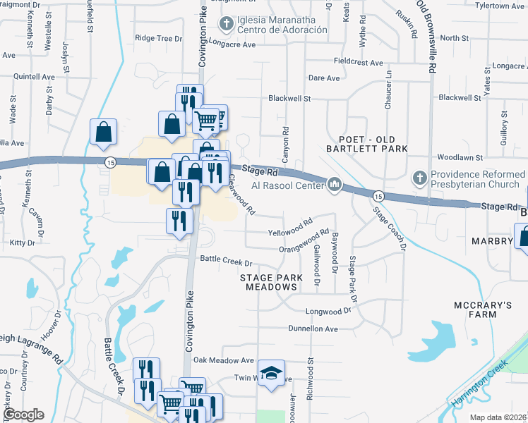 map of restaurants, bars, coffee shops, grocery stores, and more near 2884 Clearwood Road in Memphis
