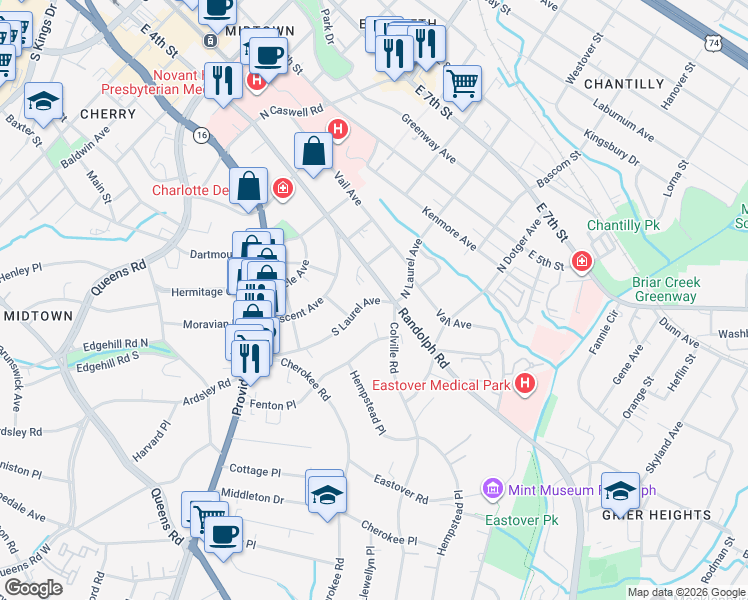 map of restaurants, bars, coffee shops, grocery stores, and more near in Charlotte